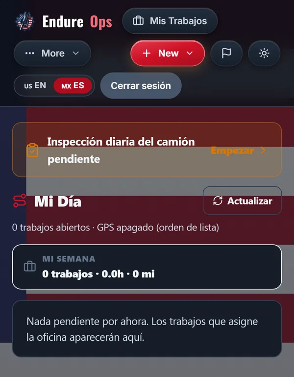EndureOps in Spanish — Mi Día job list on a tech's phone