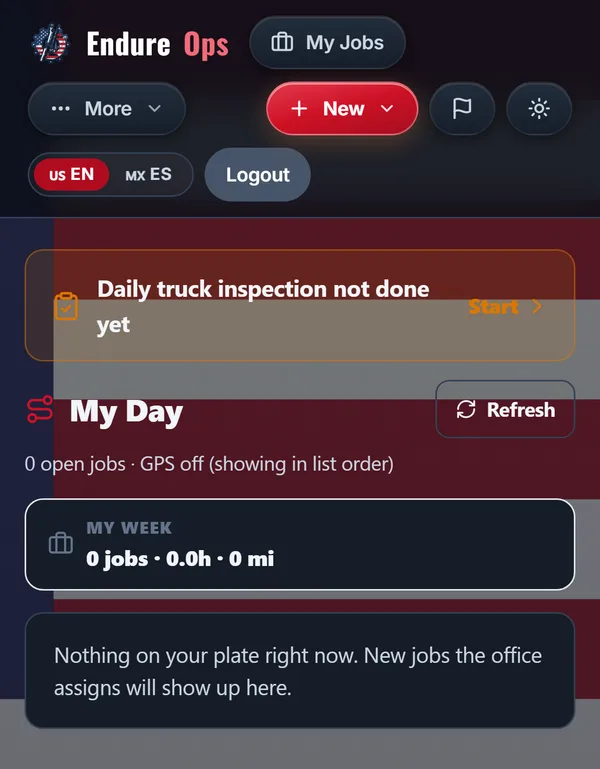 EndureOps tech view on a phone — My Day job list